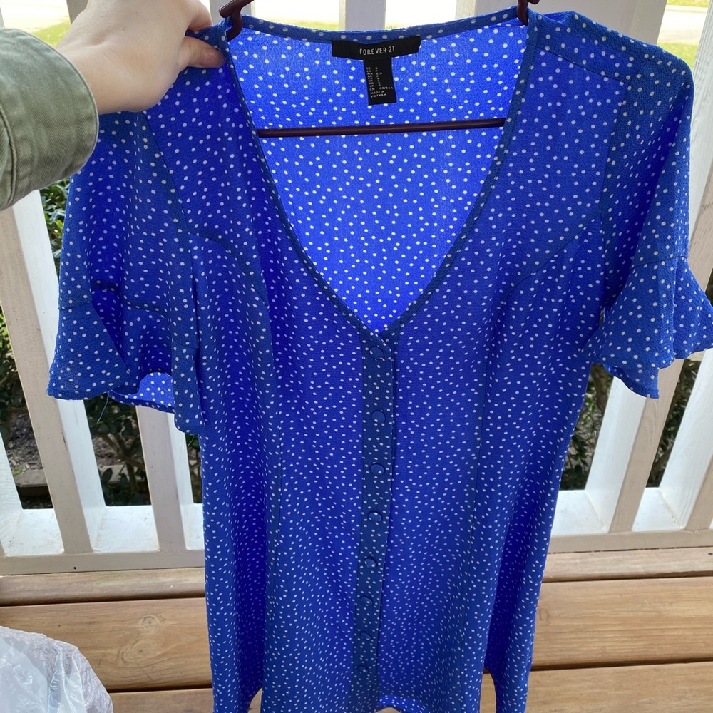 Blue polka dotted button down dress